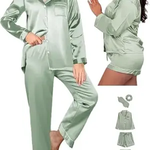 5Pcs XS-XXL Womens Silk Satin Pajamas Sets Long Pj Sets Button Down Pjs Set Loungewear Sleepwear