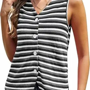 Vest for Women 2025 Summer Tops Button Up Tank Top V Neck Striped Sleeveless Cardigan