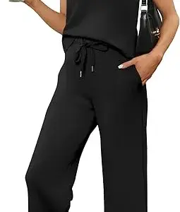SAMPEEL Two Piece Sets for Women Casual Travel Vacation Outfits Summer Wide Leg Crop Pants Lounge Sets