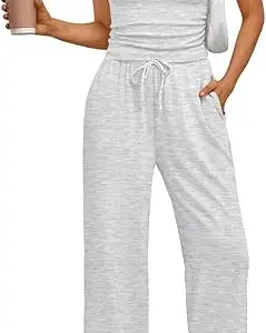 Trendy Queen 2 Piece Matching Summer Sweatsuit Lounge Set Womens Wide Leg Pants Side Ruching Crop Top Sets